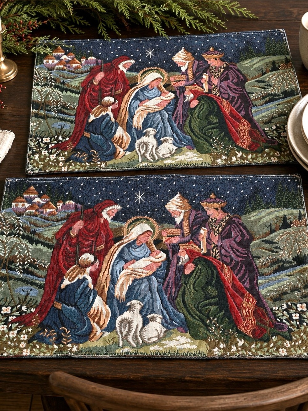 Nativity Placemats Vintage Tapestry Set of 2 Old World Christmas Woven